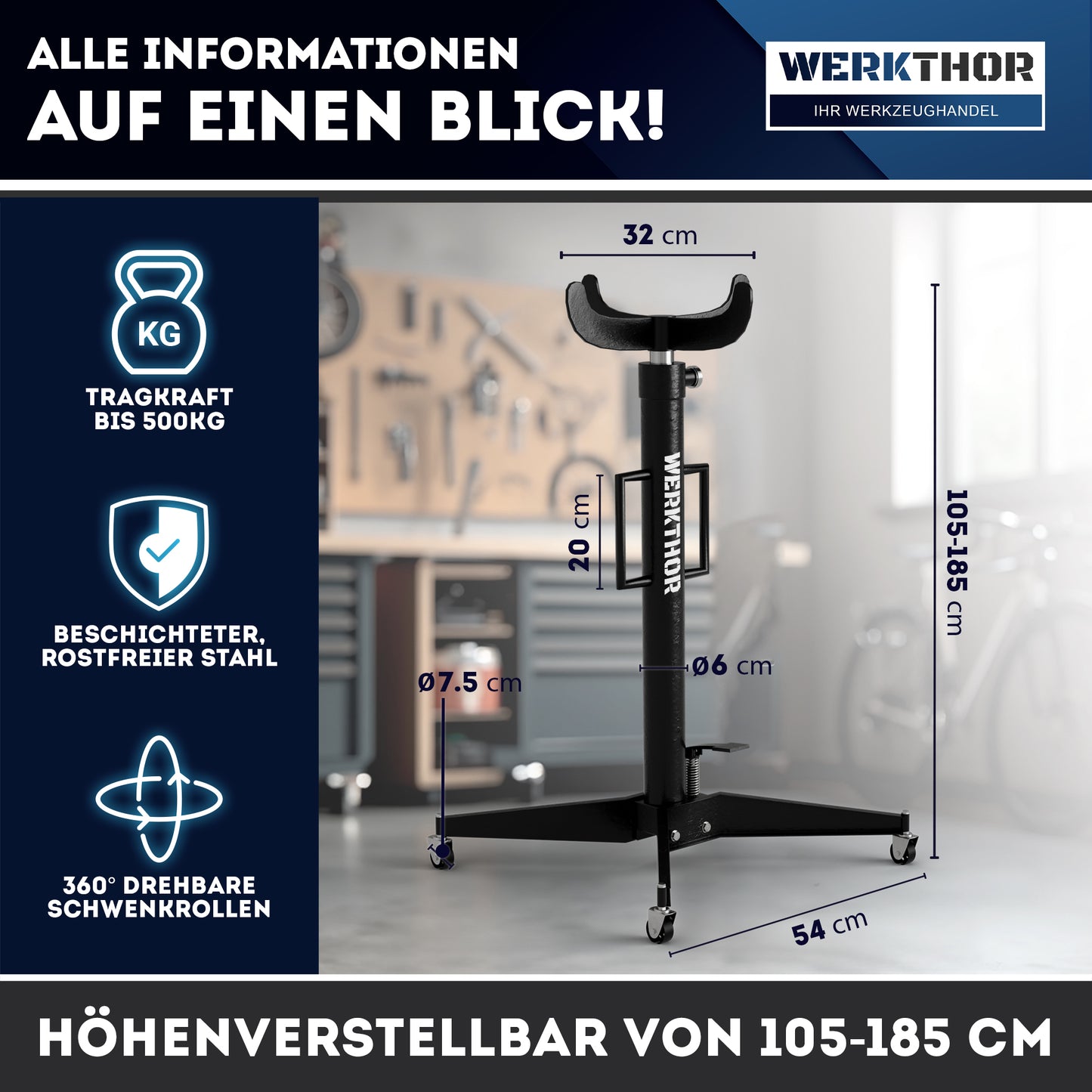 Getriebeheber 500kg hydraulisch & verstellbar 113-195 cm