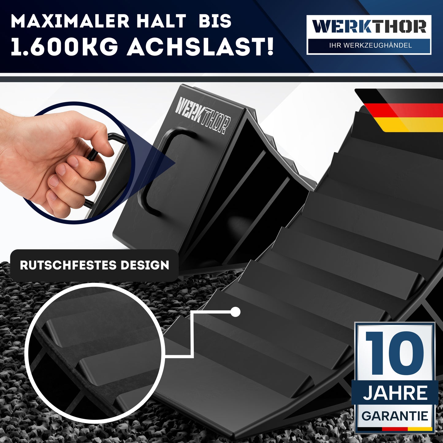 Cales de roue avec poignée [lot de 2] - Cales de roue pour remorques jusqu'à 1600 kg de charge par essieu