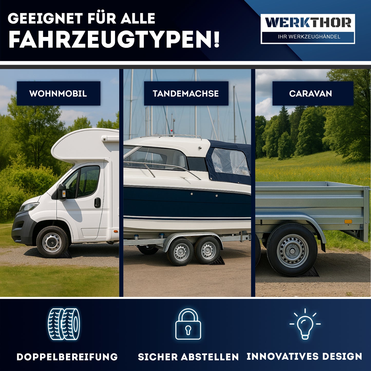 Cales de roue avec support et matériel de fixation [jeu de 2] jusqu'à 1600 kg de charge par essieu