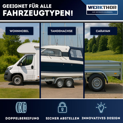 Cales de roue avec support et matériel de fixation [jeu de 2] jusqu'à 1600 kg de charge par essieu