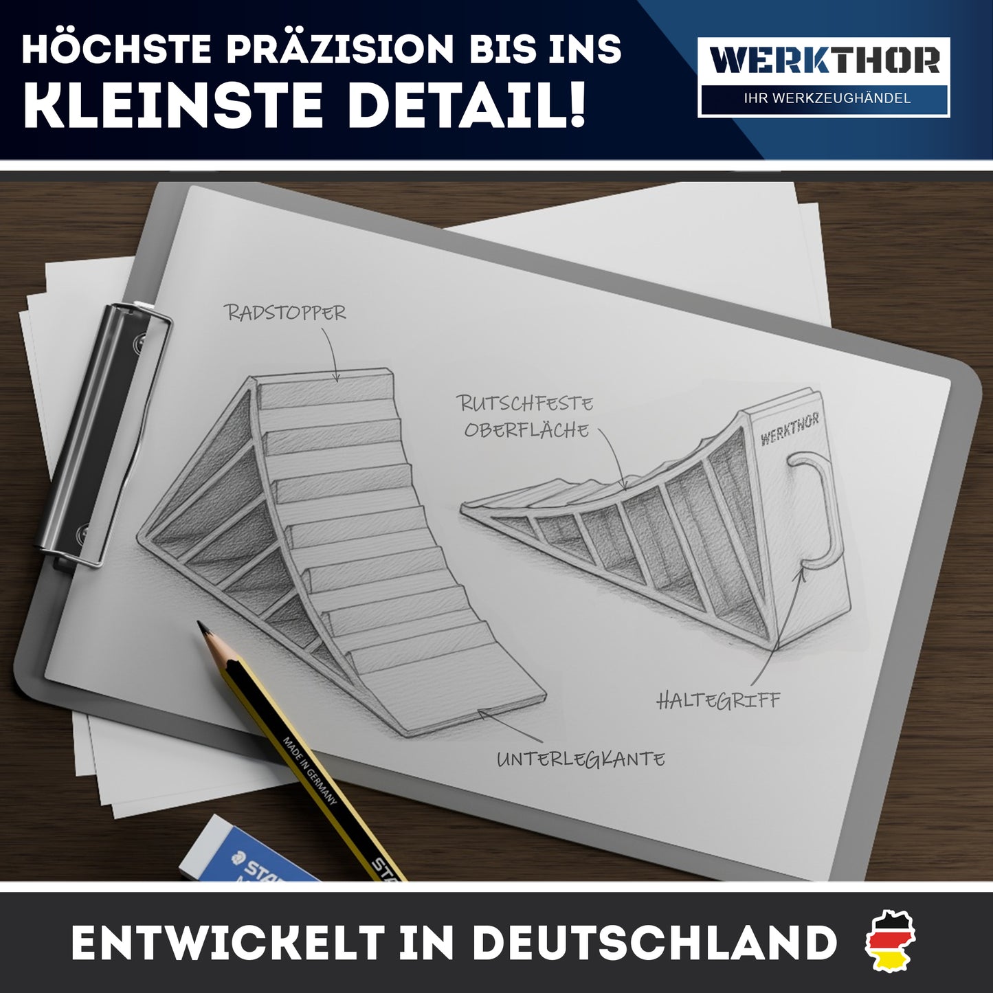 Cales de roue avec poignée [lot de 2] - Cales de roue pour remorques jusqu'à 1600 kg de charge par essieu